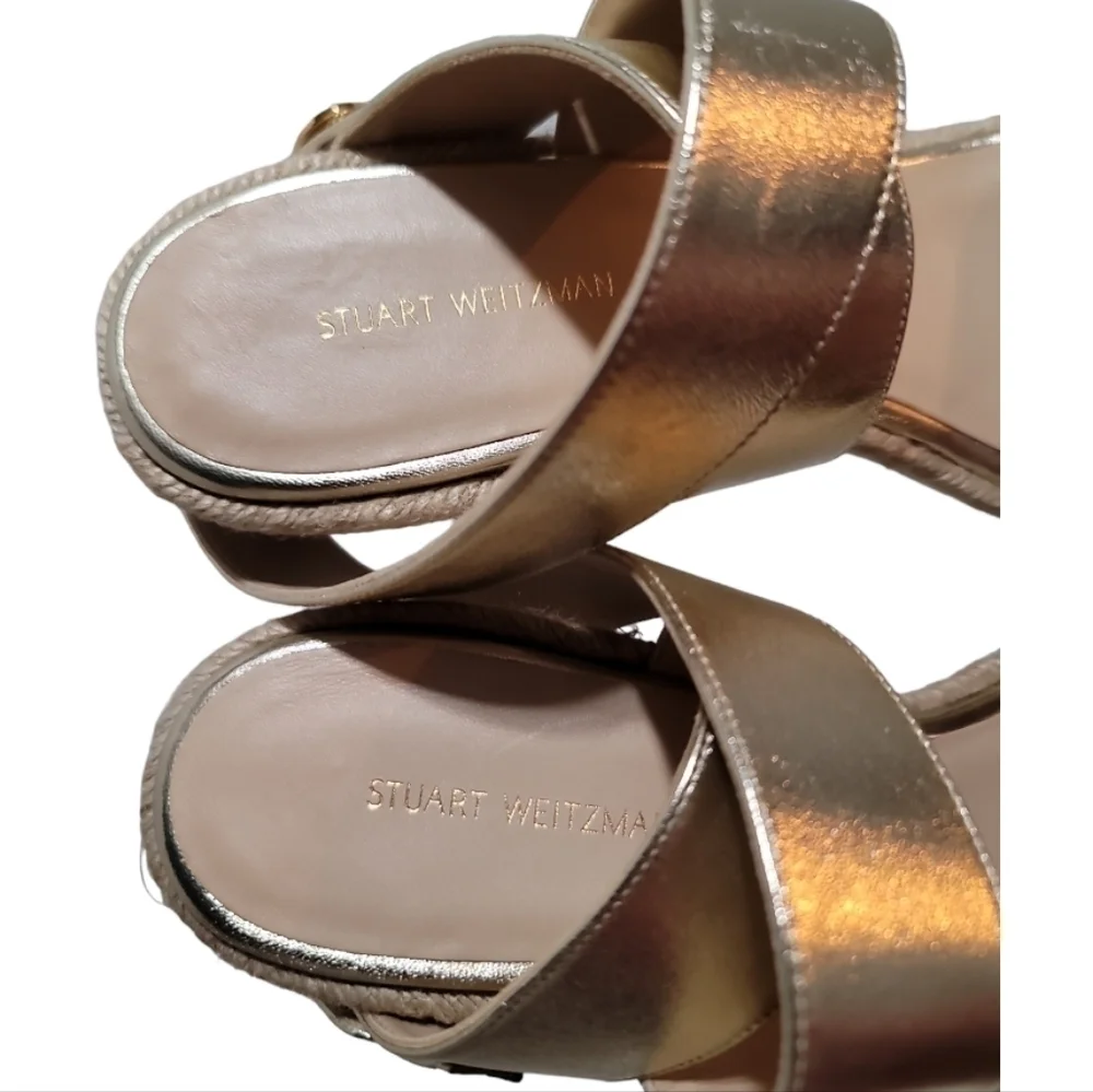 Stuart Weitzman Lexia Gold Metallic Leather Espadrille Buckle Wedges 10